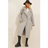 Trend Alaçatı Stili Women's Gray Double Breasted Collar Double Pocketed Lined Stamped Coat