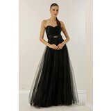 By Saygı Strapless Waist Buckled Front Draped Lined Long Tulle Dress | Shoptok.si