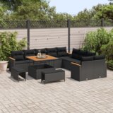 vidaXL 13 delni vrtnu kavč set z blazinami Črn Poli ratan Acacia | Shoptok.si