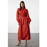 Trendyol Burgundy Waist Draped Balloon Sleeve Self Patterned Evening Dress