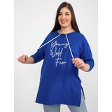 Fashion Hunters Dark blue long plus size blouse with inscriptions Cene