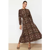 Trendyol Brown Leopard Patterned Belt Detailed Crinkle Woven Dress
