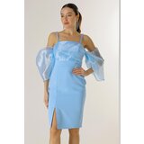 By Saygı Bead Detail Straps Organza Low Sleeve Lined Crepe Dress Cijene
