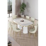 Hanah home trpezarijski set Galya, sto i 6 stolica, ploča u dekoru belog mermera, zlatne noge, krem tkanina Babyface | Eponuda.com