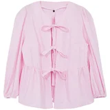 Trendyol Curve Pink Bow Tie Striped Long Sleeve Woven Plus Size Shirt