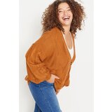 Trendyol Curve Taba Hair Knitting Detailed V Neck Buttoned Knitwear Cardigan Cene