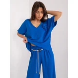 Fashion Hunters Cobalt Blue Oversize Summer Blouse with Flower