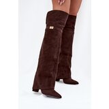 Boto Insulated boots with rolled top Over the knee block heel chocolate Serelle | Shoptok.si