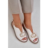 Laura Messi Leather Sandals On A Flat Heel With Decoration Light Beige 2865 Cijene