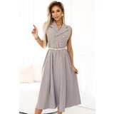 numoco basic 596-2 Elegant midi shirt dress with gold buttons and belt - gray beige | shoptok.hr
