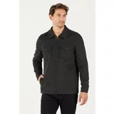 ALTINYILDIZ CLASSICS Men's Black Comfort Fit Relaxed Cut Shirt Collar Patterned Winter Shirt Jacket