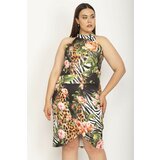 Şans Women's Plus Size Colored Halter Neck Skirt Closed Wrapover Floral Pattern Dress Cene