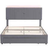 Lumor Postelja dvojna 140x200 cm iz žameta, z LED, USB polnilnimi priključki in velikim predalom - siva, (22151280) | Shoptok.si