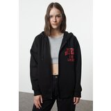 Trendyol Black Back Printed Zippered Hooded Thick Inside Fleece Oversize Knitted Sweatshirt Cene