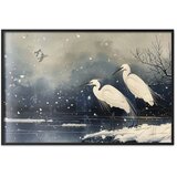  Plakat - Herons over a Winter Pond - illustration in the Japanese style in dark colors 60x40 Crni okvir | shoptok.hr