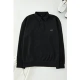 Trendyol Black Men's Oversize/Wide Cut Labeled Long Sleeve Textured Cotton Polo Neck Sweatshirt