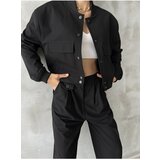 Laluvia Black Snap Button Detailed Two Pocket Lined Crop Bomber Jacket cene