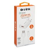 S-link Polnilec za telefon - SL-EC13T (1 kos USB, 5V/2,4 A, 18 W, hitro polnjenje Qiuck 3.0, USB Type-C, 100 cm podatkovni + polnilni kabel, bel) | Shoptok.si