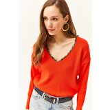 Olalook Women's Orange Lace Detail Knitwear Sweater