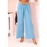 Kesi Włoski Women's linen trousers with wide legs and a belt blue Cene