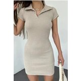 Dewberry 35605 Polo Neck Dress with Short Sleeves-BEIGE | shoptok.hr