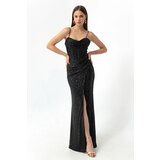 Lafaba Women's Black Underwire Corset Detailed Sequined Long Slit Evening Dress. Cene