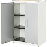mauser Omara s krilnimi vrati, VxŠ 1168 x 800 mm, plošča s polnim jedrom iz HPL, 2 polici, čista bela / aluminijasto siva / javor | Shoptok.si