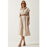 Happiness İstanbul Women's Cream Belted Woven Dress Cene