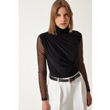  Women's Black Lace Sleeve Gathered Knitted Blouse | Shoptok.si