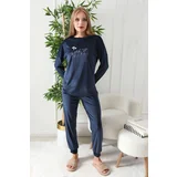 Trendyol Navy Blue Heart and Slogan Embroidered Velvet Knitted Pajama Set