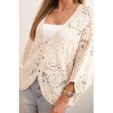 Kesi Włoski Women's summer openwork sweater with short sleeves and floral pattern beige | shoptok.hr