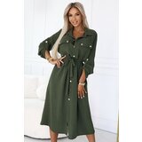 numoco basic 531-5 Midi Shirt Dress with Gold Buttons and Tie - KHAKI | Shoptok.si