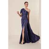 By Saygı Long Sleeve Satin Dress With Draping and Lined