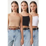 Happiness İstanbul Women's Black and White Mink Rope Strap 3-Pack Knitted Bustier