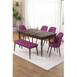 Hanah home trpezarijski set Pir, sto, 4 stolice i klupa, ploča u dekoru drveta Baroque, ljubičasta tkanina Babyface | Eponuda.com
