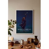 Wallxpert uramljena slika 115201, žena u ljubičastoj haljini pruža ruku ka mesecu na noćnom nebu, 50 x 70 cm, beli ram Cene