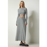 Happiness İstanbul Women's Gray Ribbed Knitwear Crop Skirt Suit Cene