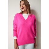 Happiness İstanbul Women's Fuchsia V-Neck Oversize Knitwear Sweater Cene
