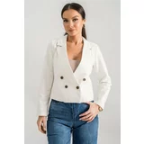 armonika Women's Ecru Double Breasted Collar Gabardine Crop Jacket