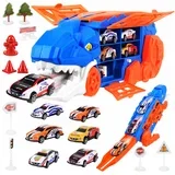 Tovornjak T‑Rex 5‑v‑1 – prikolica + dirkalna proga + izstreljevalnik + shranjevanje + 6 avtkov