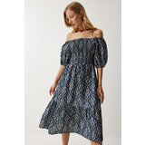  Women's Navy Blue Cream Patterned Summer Woven Dress Cijene