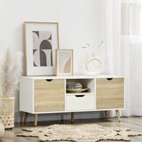 HOMCOM Moderna 50-palčna TV omarica iz iverne plošče s predali, odprtimi policami, omaricami in 5 borovimi lesenimi nogami, 110x40x50 cm, bela in lesena barva, (20745338) | Shoptok.si