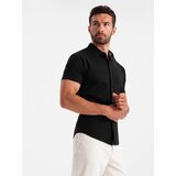 Ombre Men's knitted slim fit shirt with short sleeves and collar - black | shoptok.hr