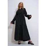 Trend Alaçatı Stili Women's Black Shirt Buttoned Front Collar and Bellows Skirt Flounce Woven Hijab Dress