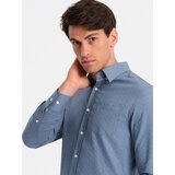 Ombre Men's SLIM FIT shirt in decorative fabric with pocket - blue OM-SHCS