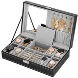 springos Škatla za uro 33x20x9 cm, črn in siv organizator s predali iz eko usnja., (21631804) | Shoptok.si