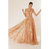 By Saygı Thin Straps V-Neck Bead Detailed Tie Back Lined Glitter Flock Printed Coral Long Dress Gold Cene