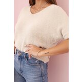 Kesi Włoski Women's sweater made of soft fluff with a V-neck and short sleeves beige | shoptok.hr