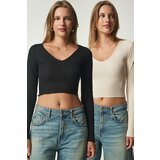 Happiness İstanbul Women's Black Cream V Neck 2 Pack Crop Knitted Blouse Cene
