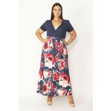 Şans Women's Navy Blue Plus Size Wrap Neck Skirt Floral Patterned Dress Cene